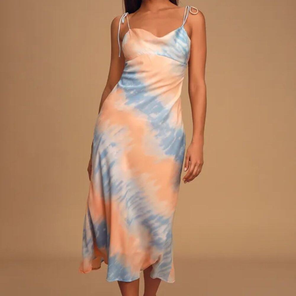 Lulu's Sweet Sunsets Tie-Dye Tie-Strap Midi Slip Dress Blue and Orange